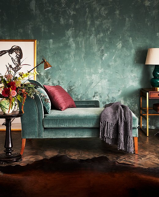 Above, our exclusive Right-Facing Roslin Chaise in Forest Green Velvet.
